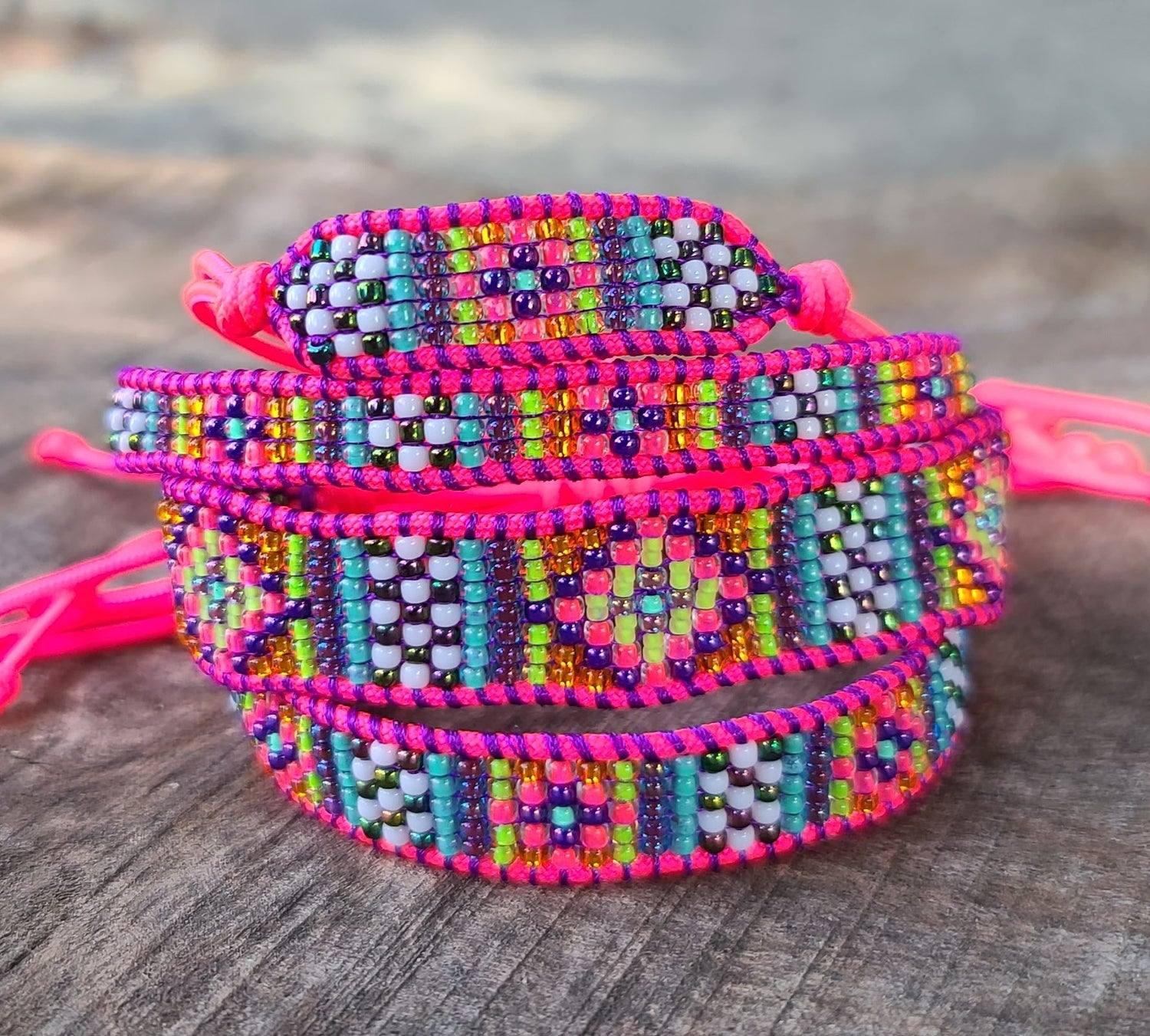 beaded neon pink rainbow bracelet set collection by Tiffany Creek