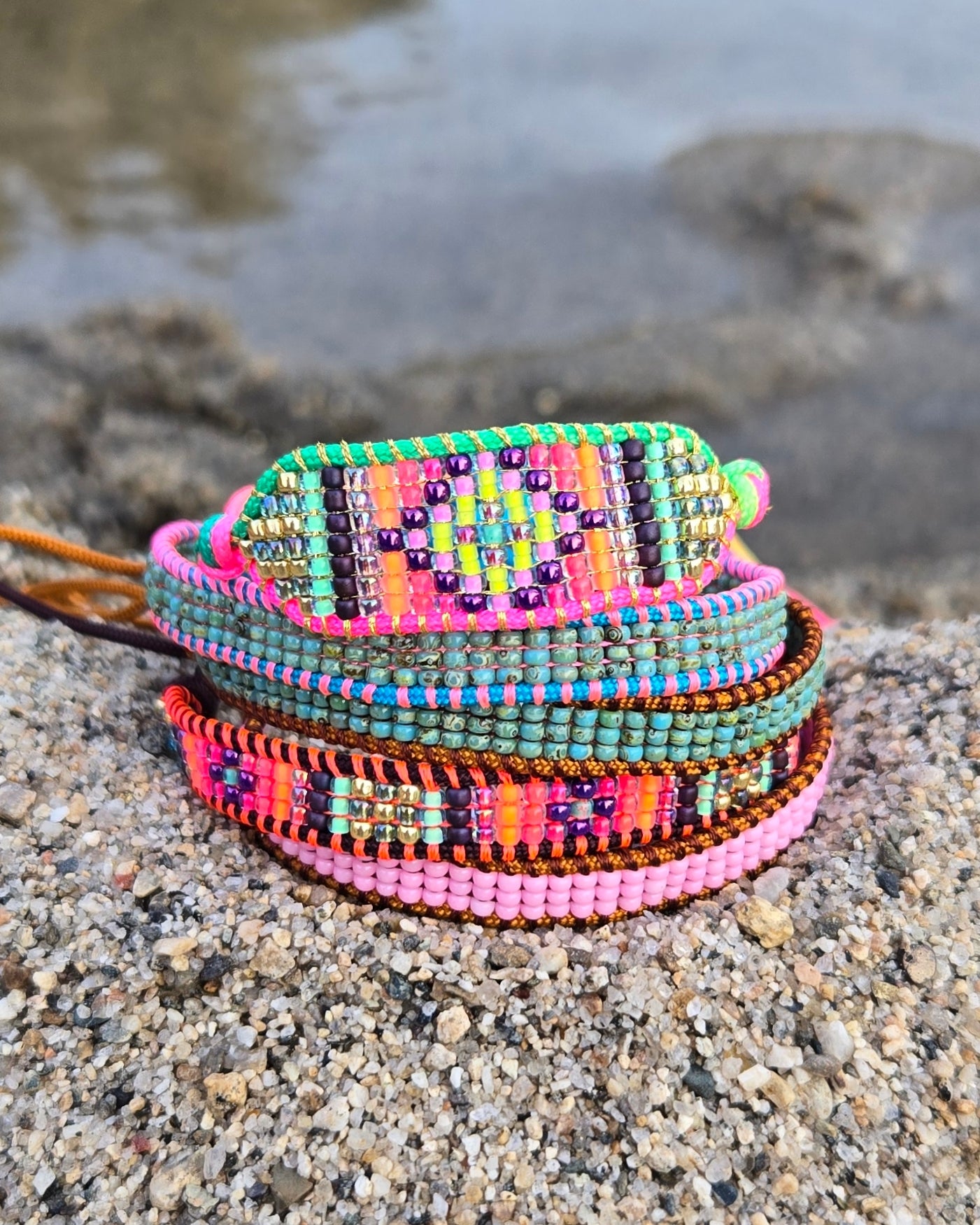 Beaded coffee golden sunset rainbow and mini, marbled  turquoise pink on brown cord set of 4 calitrendz by Tiffany Creek