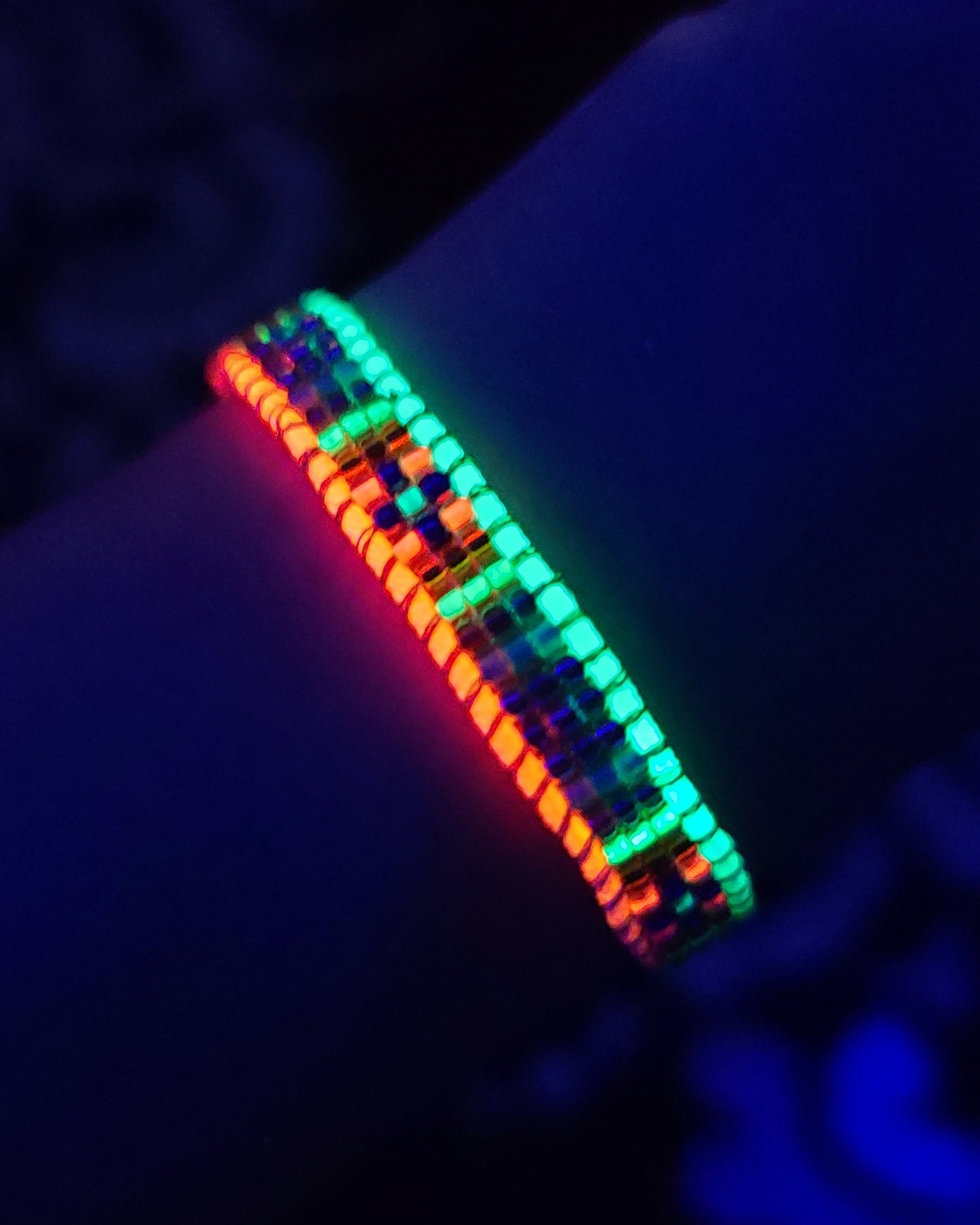 beaded neon golden rainbow bracelet Calitrendz by Tiffany Creek black light UV reactive