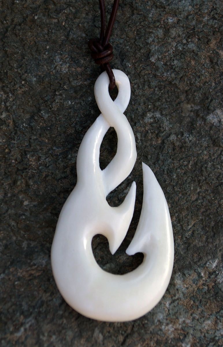 Hand Carved Maori Hei Matau Triple Twist Bone Pendant – www.
