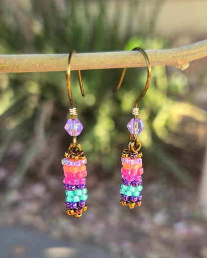 bronze beaded golden sunset rainbow peyote stitch earrings by Tiffany Creek