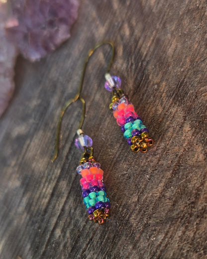 bronze beaded golden sunset rainbow peyote stitch earrings by Tiffany Creek