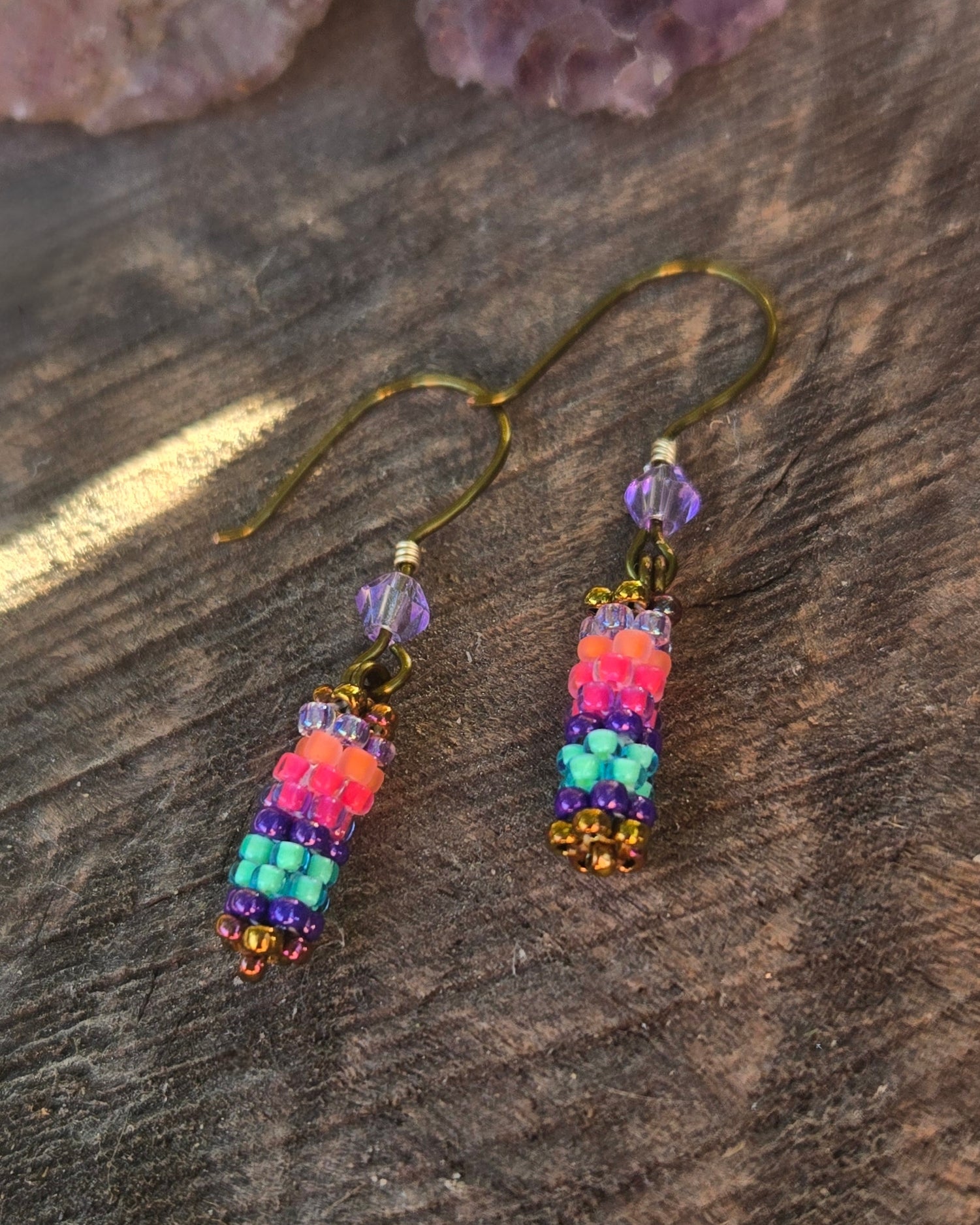 bronze beaded golden sunset rainbow peyote stitch earrings by Tiffany Creek