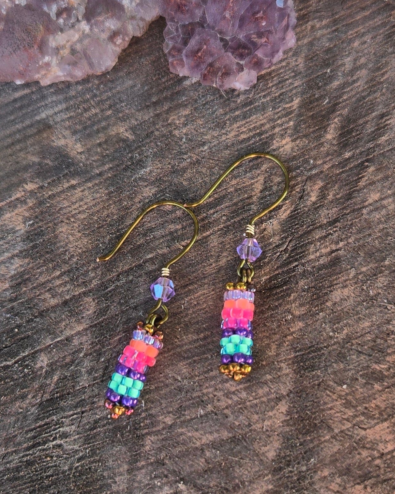 bronze beaded golden sunset rainbow peyote stitch earrings by Tiffany Creek