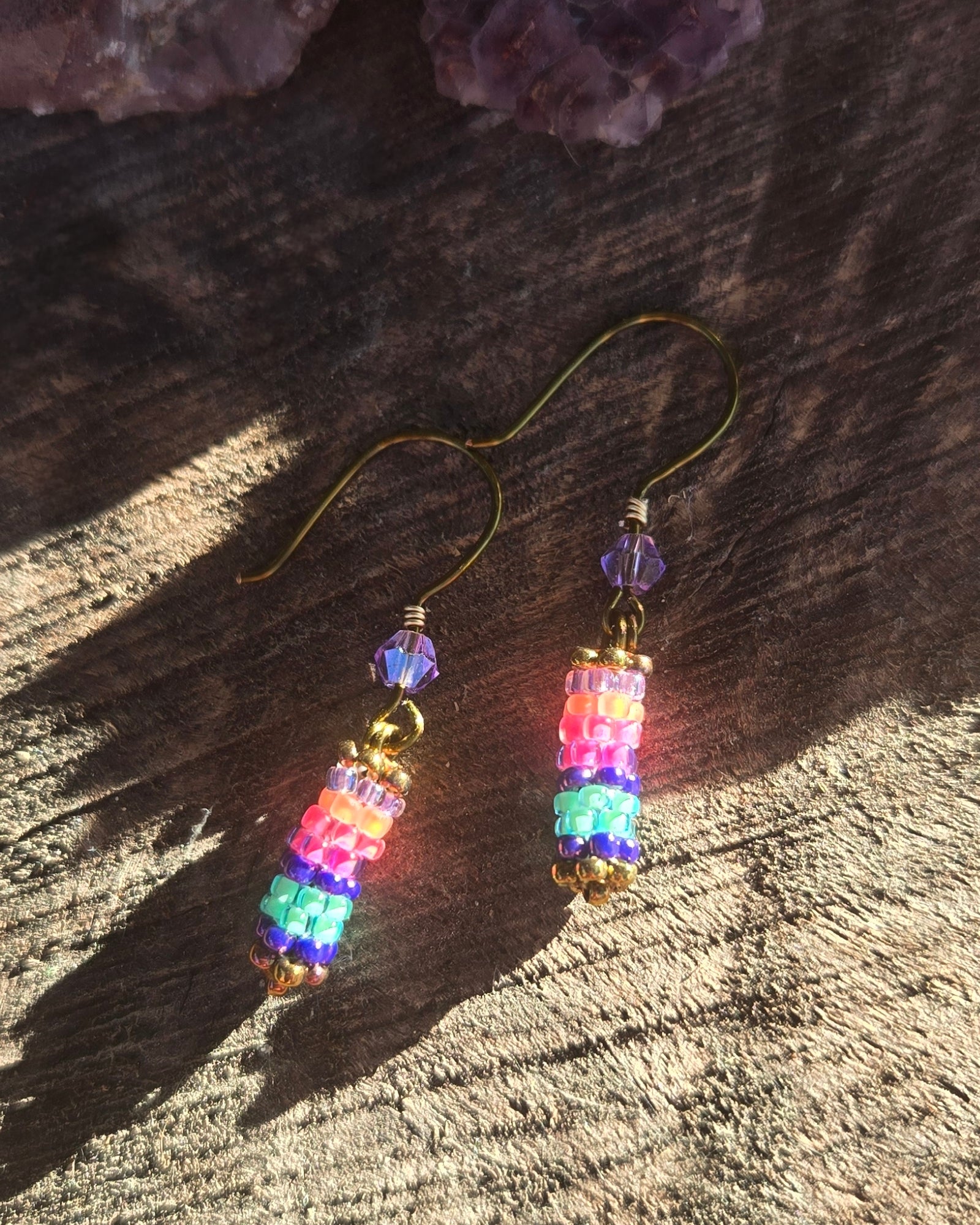 bronze beaded golden sunset rainbow peyote stitch earrings by Tiffany Creek