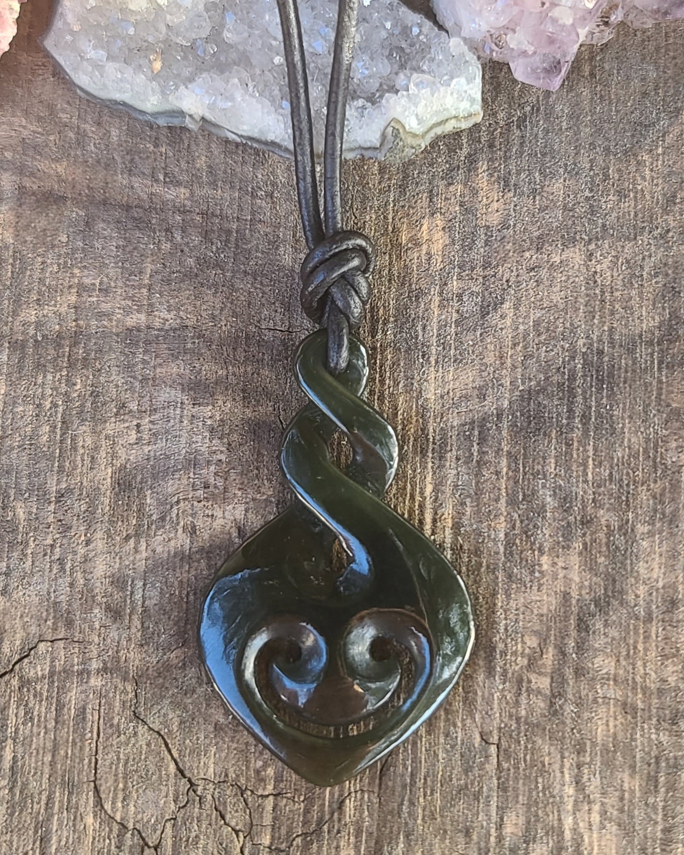 Maori Style triple twist fish hook pendant necklace Russian jade Calitrendz