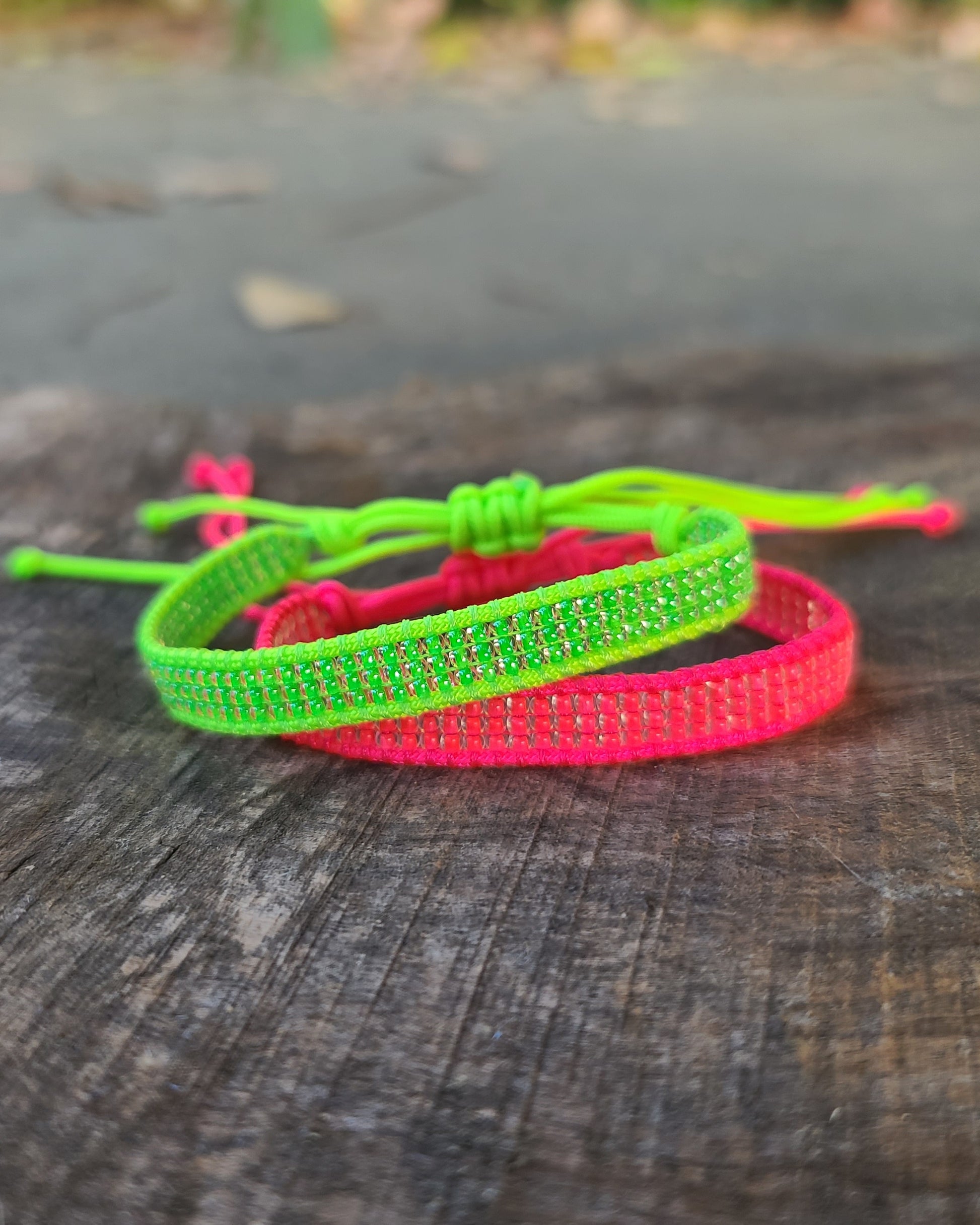 beaded neon pink Neon lime green bracelet UV reactive black light Calitrendz by Tiffany Creek