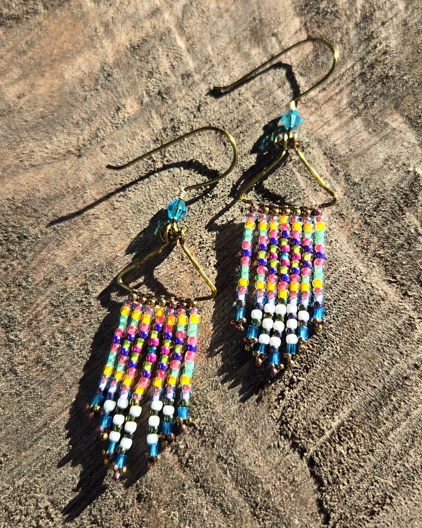 beaded bronze azul blue rainbow dangle earrings Calitrendz by Tiffany Creek