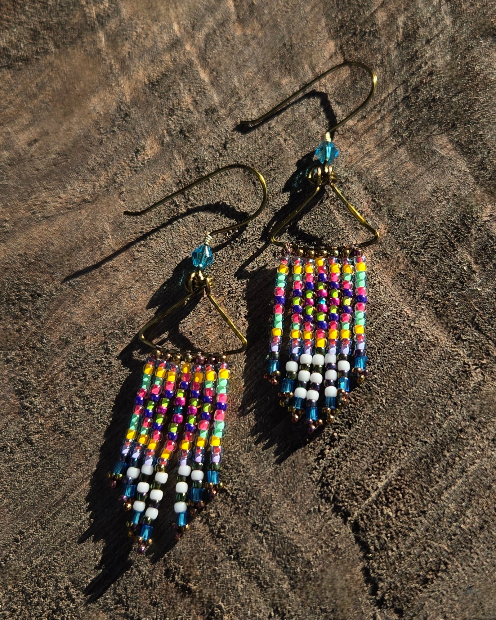 beaded bronze azul blue rainbow dangle earrings Calitrendz by Tiffany Creek