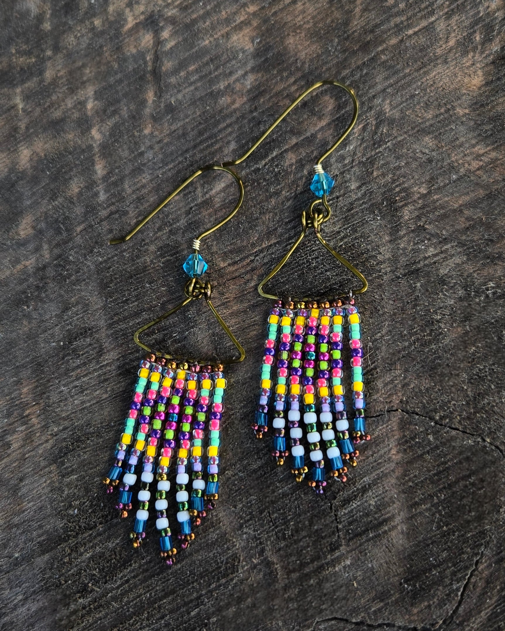 beaded bronze azul blue rainbow dangle earrings Calitrendz by Tiffany Creek