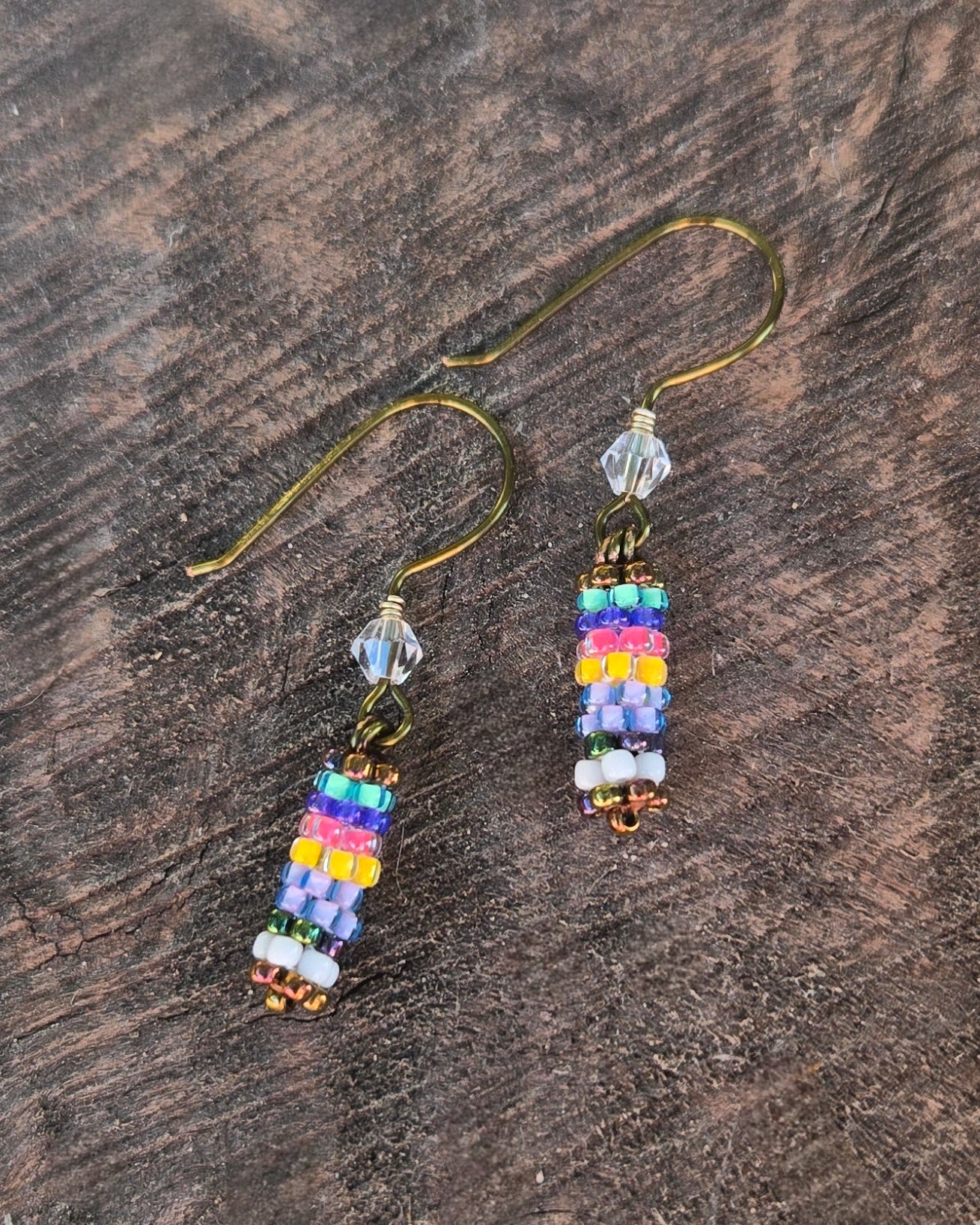 bronze lavender rainbow peyote stitch earrings by Tiffany Creek