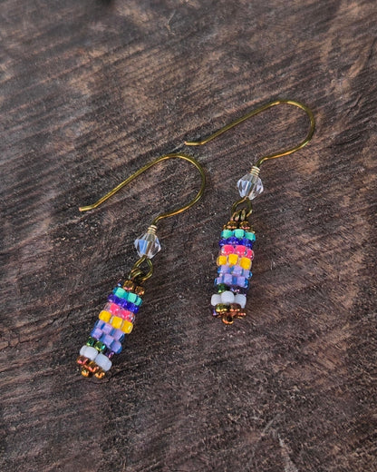 bronze lavender rainbow peyote stitch earrings by Tiffany Creek