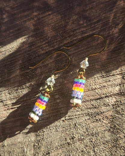 bronze lavender rainbow peyote stitch earrings by Tiffany Creek