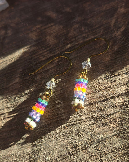 bronze lavender rainbow peyote stitch earrings by Tiffany Creek