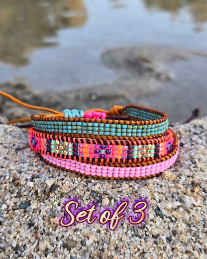 beaded marbled turquoise pink coffee golden rainbow sunset bracelets set of 3 Calitrendz by Tiffany Creek