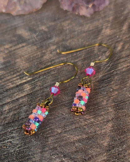 bronze beaded sunset rainbow mix peyote stitch earrings by Tiffany Creek