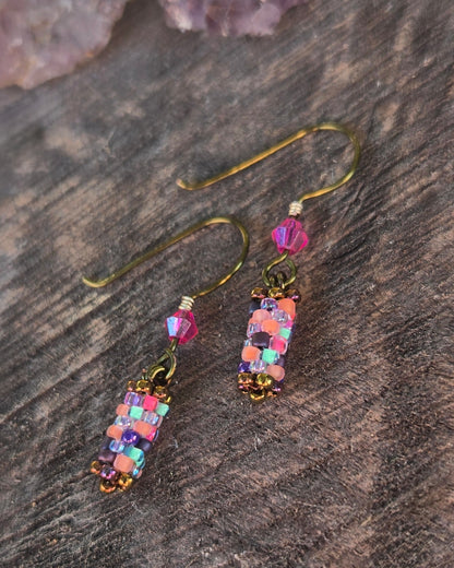 bronze beaded sunset rainbow mix peyote stitch earrings by Tiffany Creek