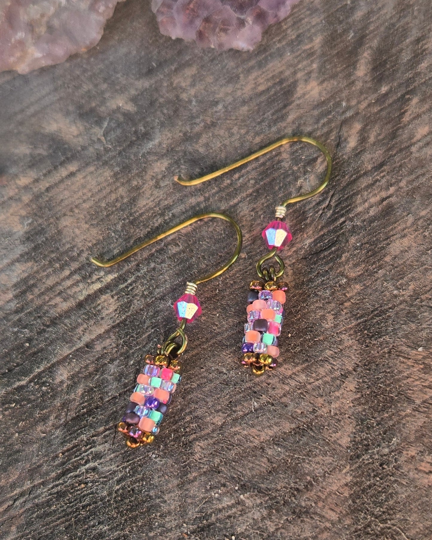 bronze beaded sunset rainbow mix peyote stitch earrings by Tiffany Creek