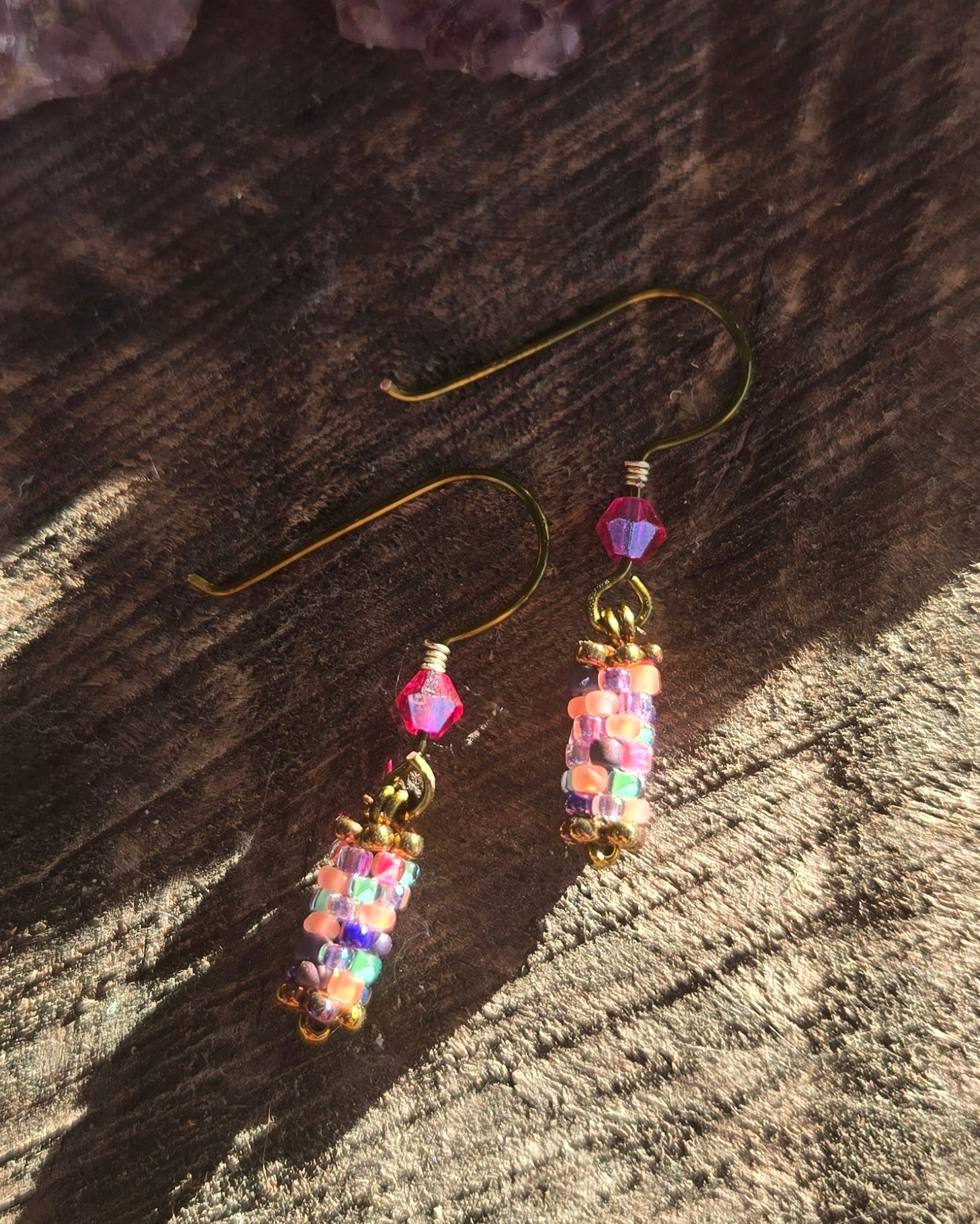 bronze beaded sunset rainbow mix peyote stitch earrings by Tiffany Creek