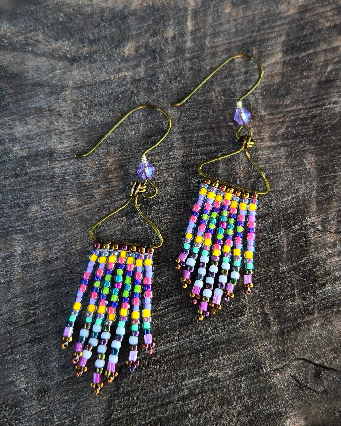 beaded bronze lavender rainbow dangle earrings Calitrendz by Tiffany Creek