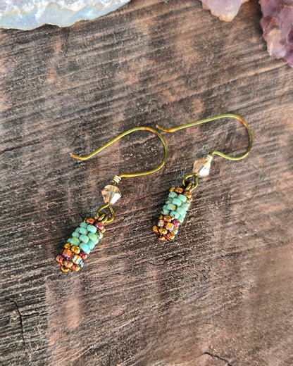 bronze turquoise beaded earrings peyote stitch by Tiffany Creek