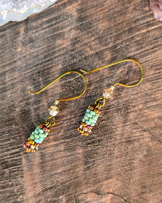 bronze turquoise beaded earrings peyote stitch by Tiffany Creek