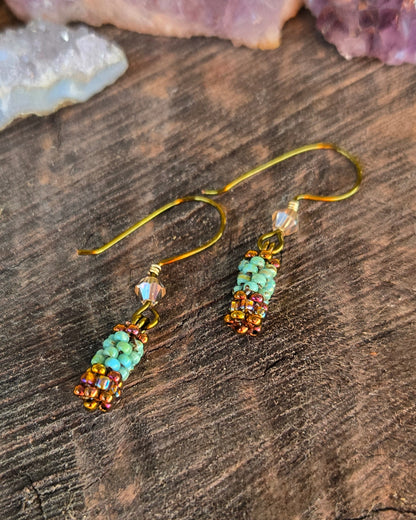 bronze turquoise beaded earrings peyote stitch by Tiffany Creek