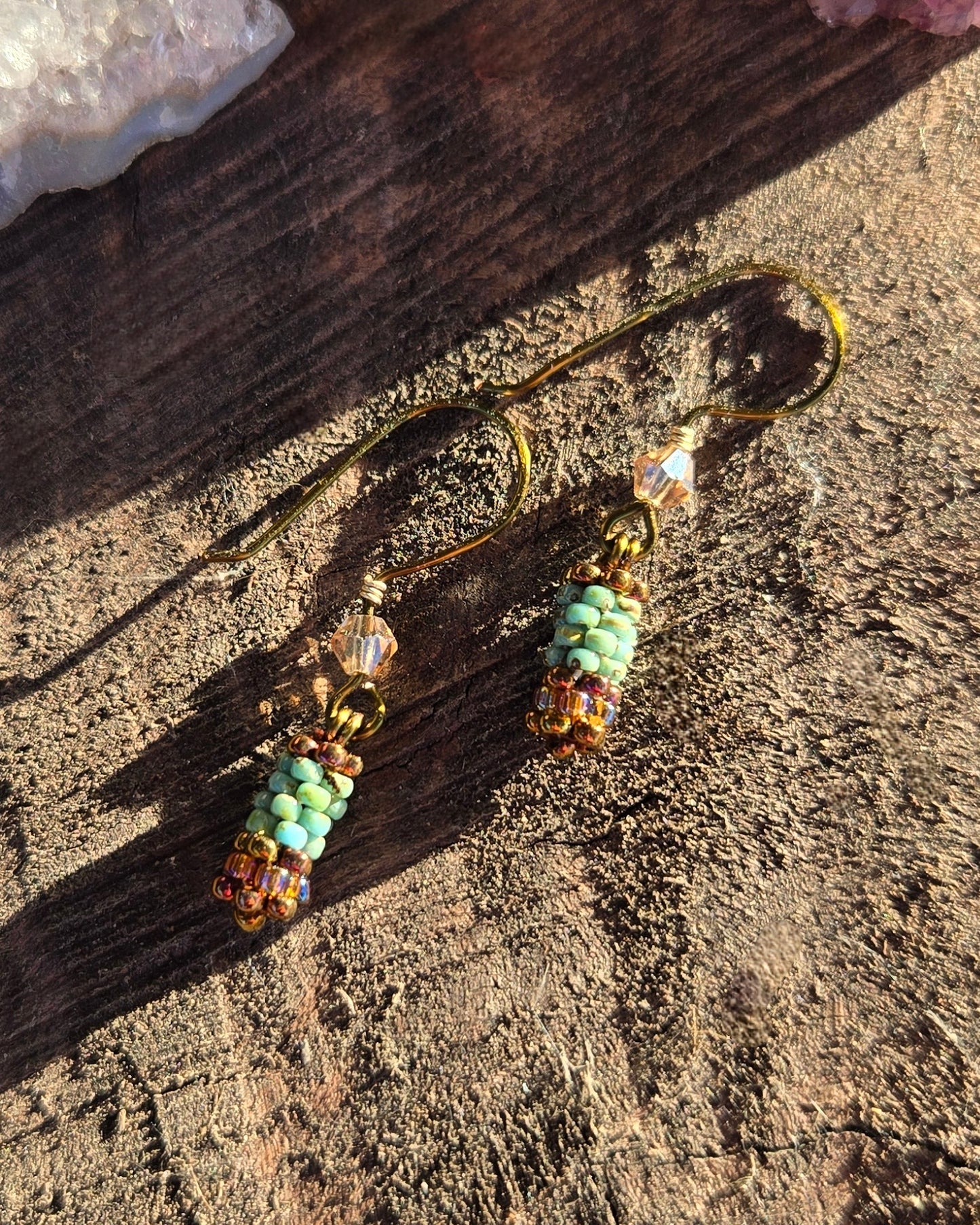 bronze turquoise beaded earrings peyote stitch by Tiffany Creek