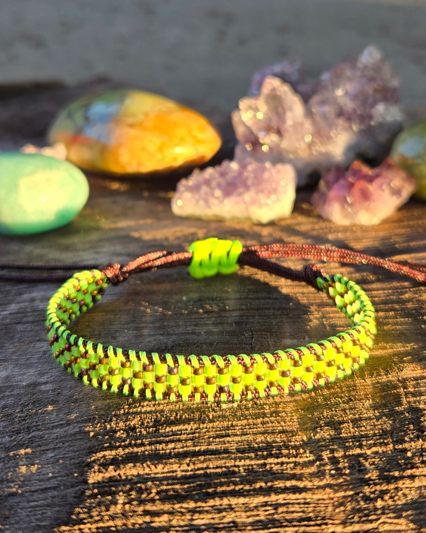 Neon Lime Green Bronze Beaded Bracelet