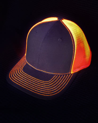Neon orange dark grey mesh trucker hat black light UV reactive Calitrendz