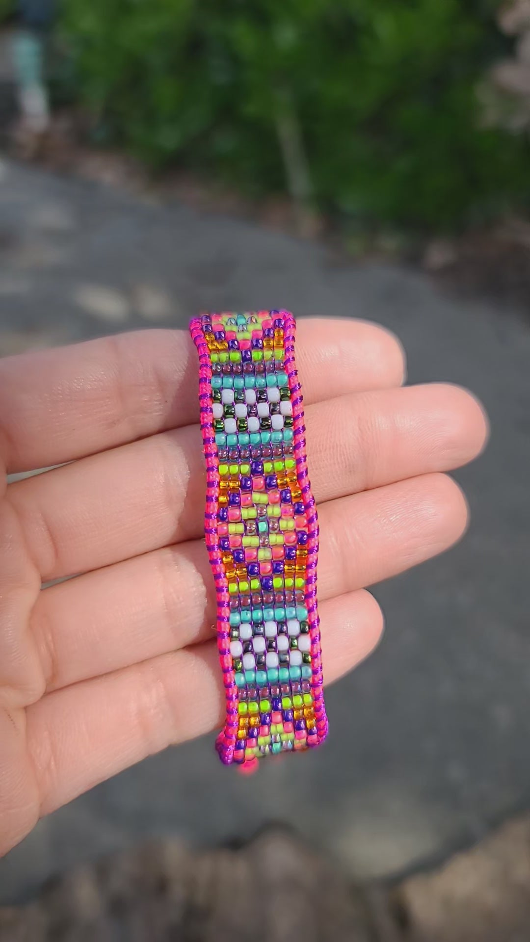 Beaded neon pink rainbow bracelet set by Tiffany Creek