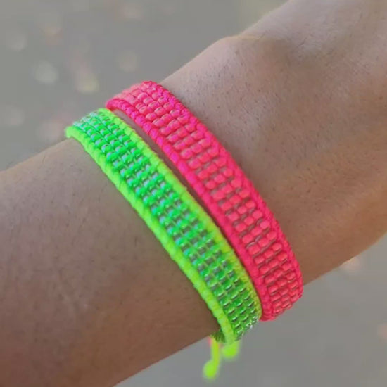 beaded neon hot pink neon lime green bracelets UV reactive black light Calitrendz by Tiffany Creek