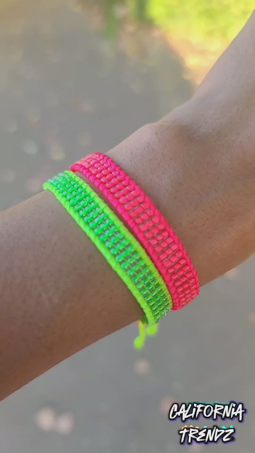 beaded neon hot pink neon lime green bracelets UV reactive black light Calitrendz by Tiffany Creek