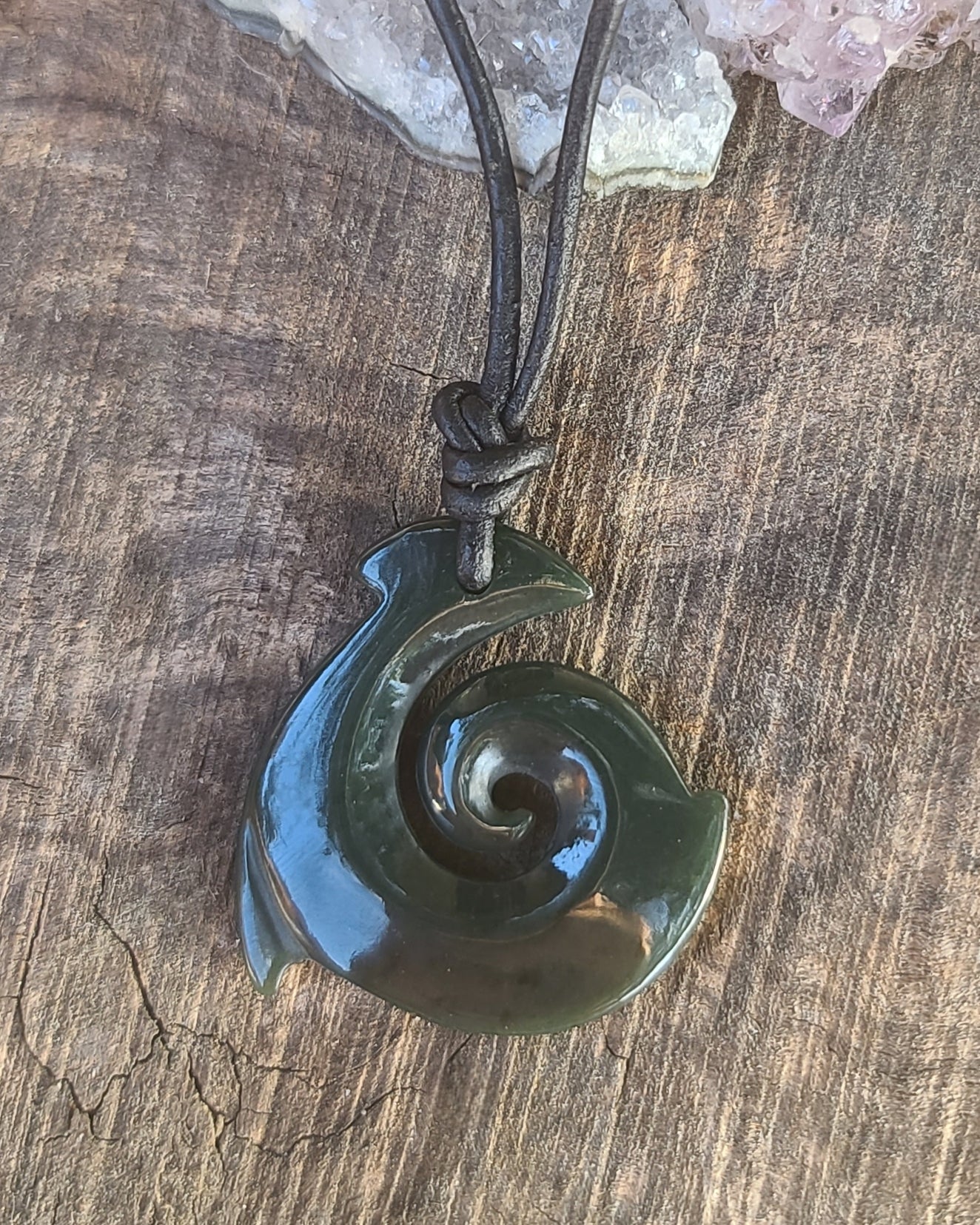 Maori Style serenity Koru fish hook Russian jade pendant necklace Calitrendz