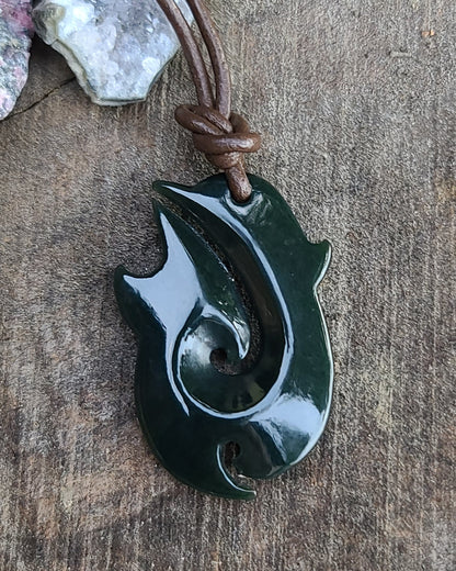 tribal style Maori style fishhook pendant necklace Russian jade Calitrendz