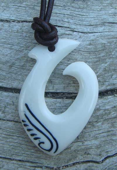 Bone Hawaiian Painted Tribal Fish Hook Necklace