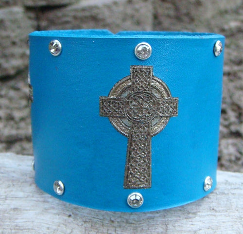 Celtic Cross Swarovski Crystal Leather Cuff Bracelet