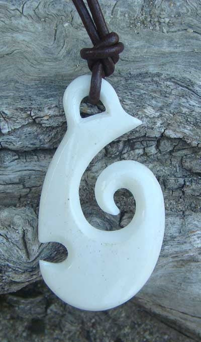 Hand Carved Maori Hei Matau Fish Hook Koru Bone Necklace