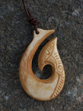 Tea Dyed Hand Carved Maori Hei Matau Bone Pendant