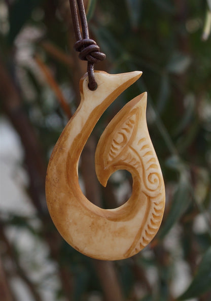 Tea Dyed Hand Carved Maori Hei Matau Bone Pendant