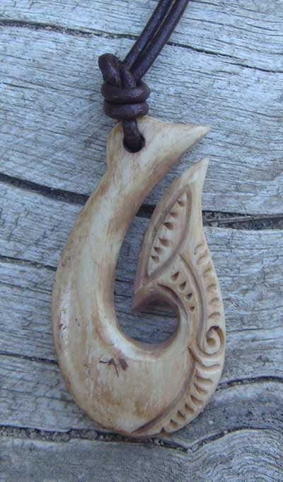 Tea Dyed Hand Carved Maori Hei Matau Bone Pendant