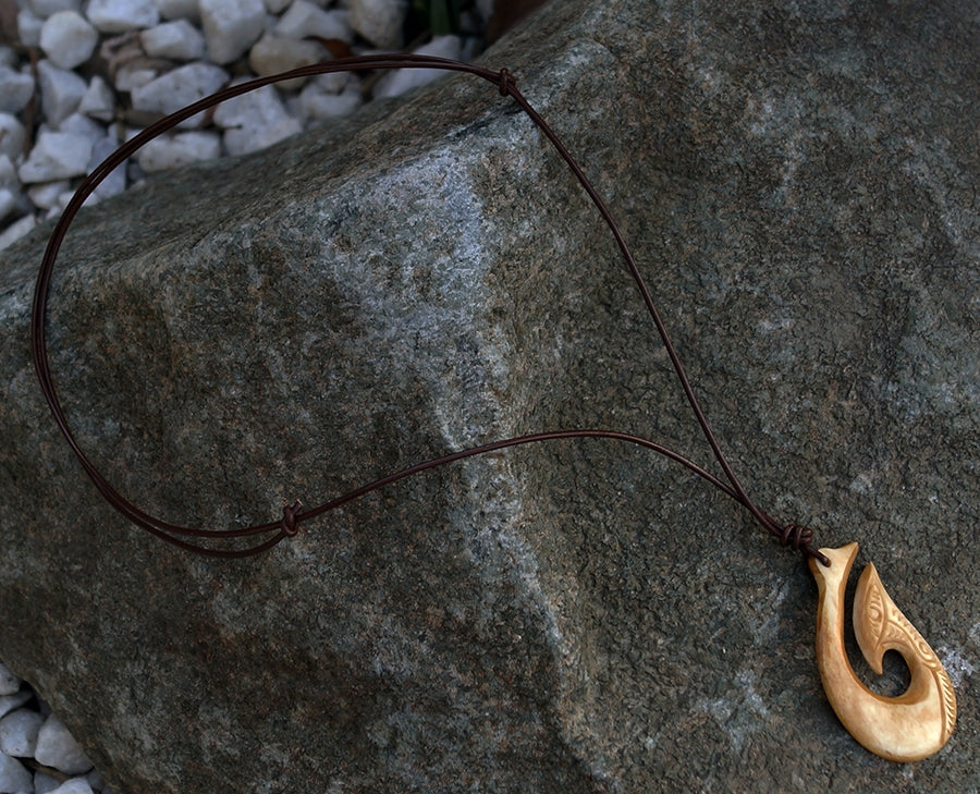 Tea Dyed Hand Carved Maori Hei Matau Bone Pendant