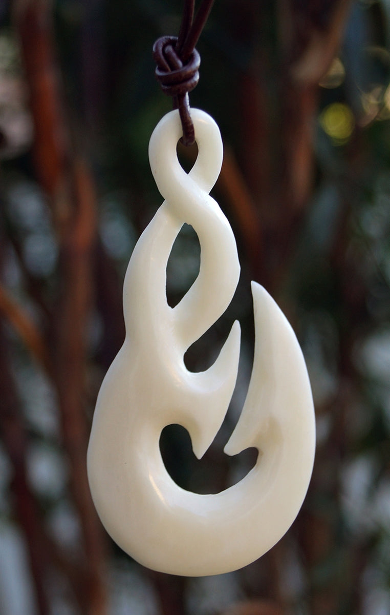 Hand Carved Maori Hei Matau Triple Twist Bone Pendant – www.