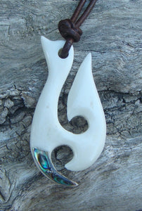 Hei Matau Maori Bone Paua Fish Hook Necklace