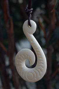 Sea Spiral Hand Carved Maori Hei Matau and Koru Bone Pendant