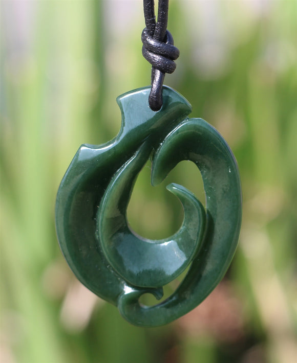 Maori Nephrite Jade Wave Fishhook Necklace