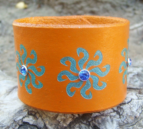 Sun Fire Tribal Swarovski Crystal Leather Cuff Bracelet